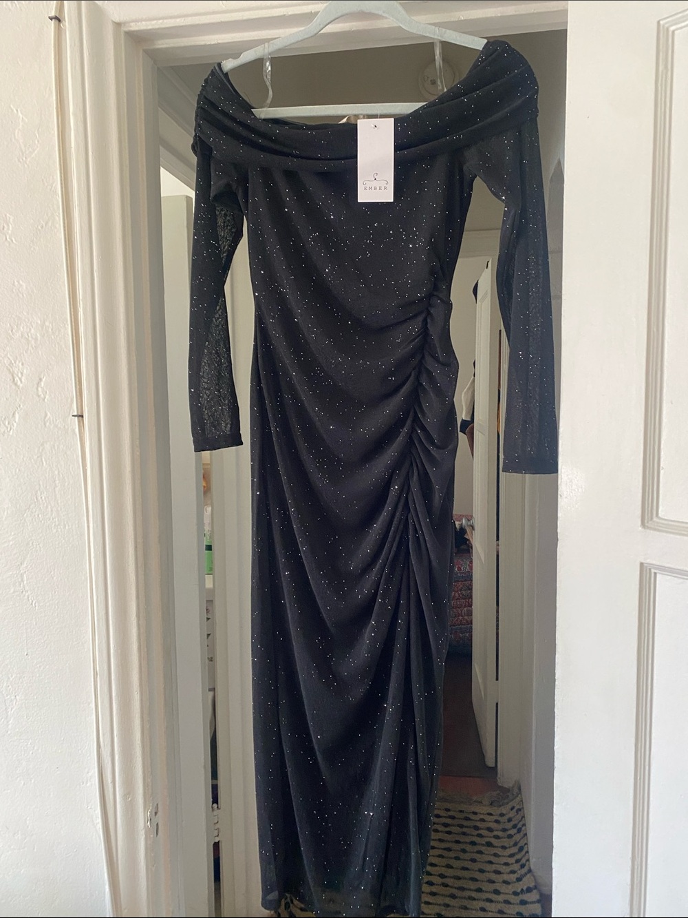 Off-Shoulder Black Sparkle Maxi Dress with Side Ruching See Through Sleeves Sz S